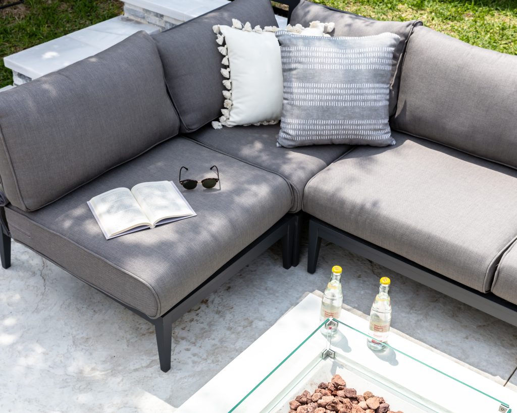 gray patio furniture exterior design for holiday gathering