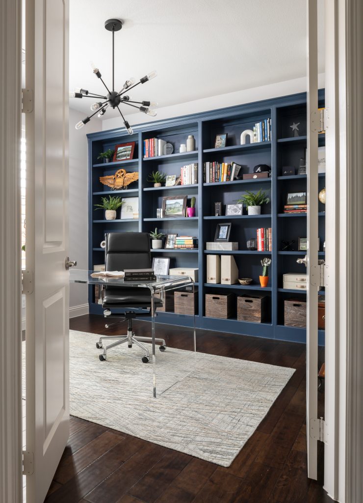 blue built in shelving in home office rebekah nicole interiors