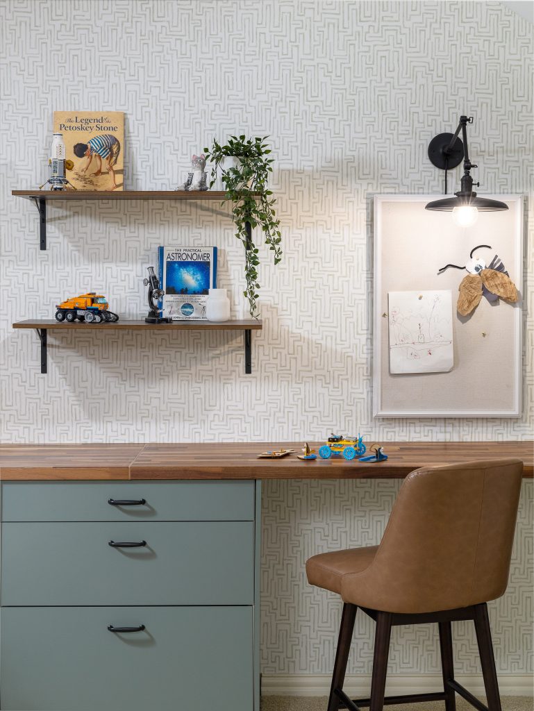 patterned wallpaper in kids desk space with aqua drawers 