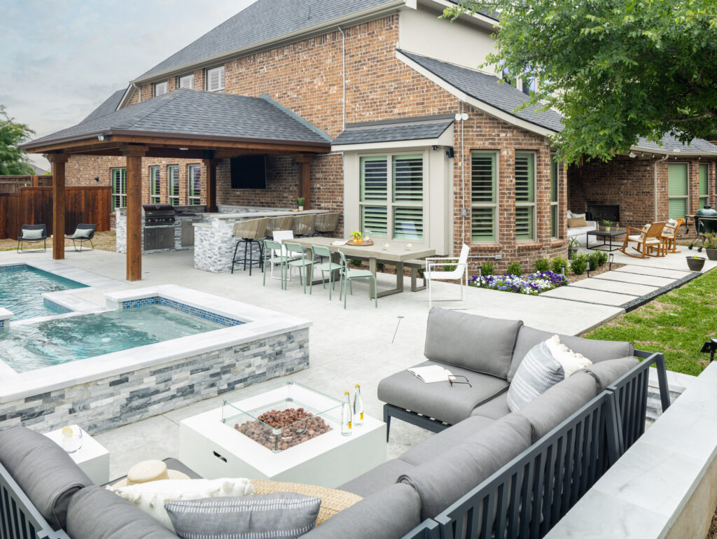 rebekah nicole interiors outdoor pool patio with gray couch